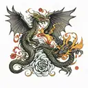 phoenix and dragon, with a wind effect, sakura petals tattoo design idea