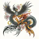 phoenix and dragon, with a wind effect, sakura petals tattoo design idea