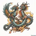 phoenix and dragon, with a wind effect, sakura petals tattoo design idea