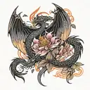 phoenix and dragon, with a wind effect, sakura petals tattoo design idea