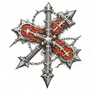cross tattoo with a nail going vertically and then a nail going horizontal with Barbwire twisted around the nails tattoo design idea