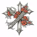 cross tattoo with a nail going vertically and then a nail going horizontal with Barbwire twisted around the nails tattoo design idea