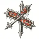 cross tattoo with a nail going vertically and then a nail going horizontal with Barbwire twisted around the nails tattoo design idea