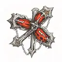 cross tattoo with a nail going vertically and then a nail going horizontal with Barbwire twisted around the nails tattoo design idea