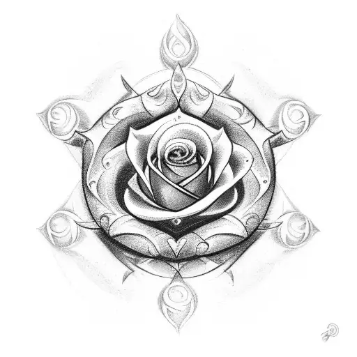 a trident with 3 points in the center, on the right side a purple rose and on the left side a red rose tattoo design idea