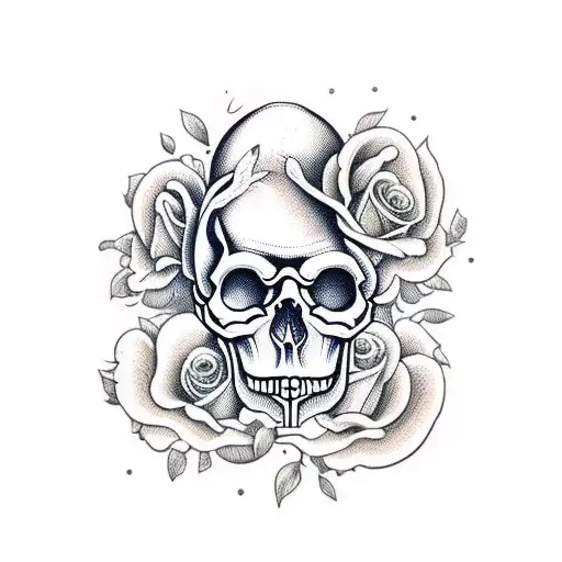 skull with mushrooms and roses  tattoo design idea