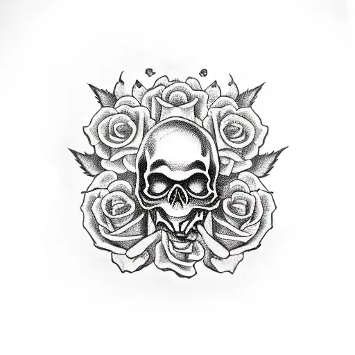 skull with mushrooms and roses  tattoo design idea