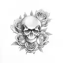 skull with roses and mushrooms  tattoo design idea