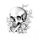 skull with roses and mushrooms  tattoo design idea