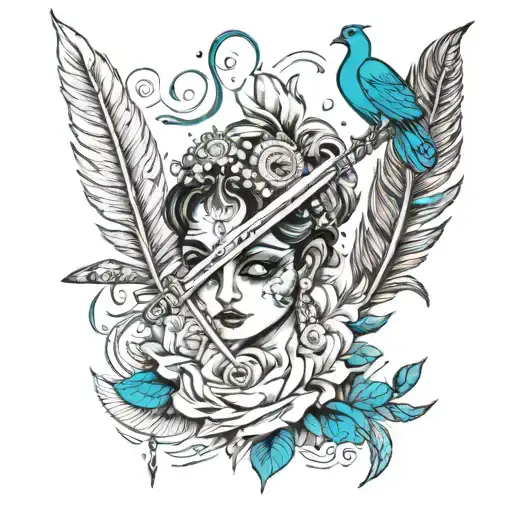 Lord Krishna's flute and peacock feather and music and a paper plane and a milkshake tattoo design idea