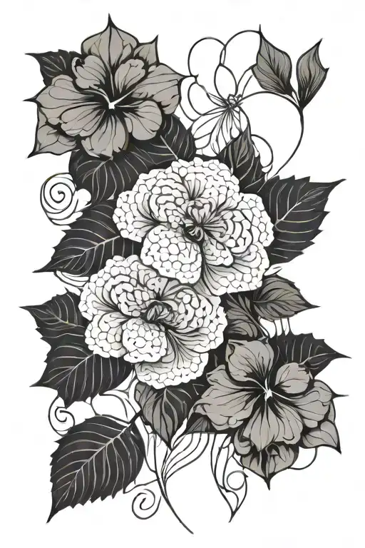 Abstracted hydrangea flowers with cyclamen flowers and some abstract waves lines going vertical along the tattoo  tattoo design idea