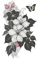 Abstracted hydrangea flowers with cyclamen flowers and some abstract waves lines going vertical along the tattoo  tattoo design idea