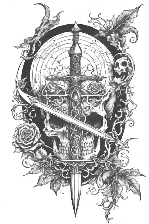 A surrealistic blackwork design incorporating elements of art and law, with a dagger pointing downwards on the spine surrounded by pentacles and roots, representing the journey between life and death with all elements and moons included tattoo design idea