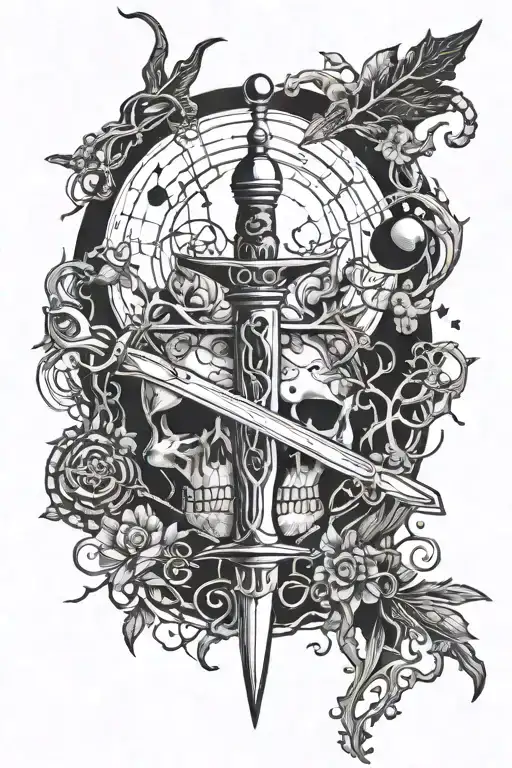 A surrealistic blackwork design incorporating elements of art and law, with a dagger pointing downwards on the spine surrounded by pentacles and roots, representing the journey between life and death with all elements and moons included tattoo design idea