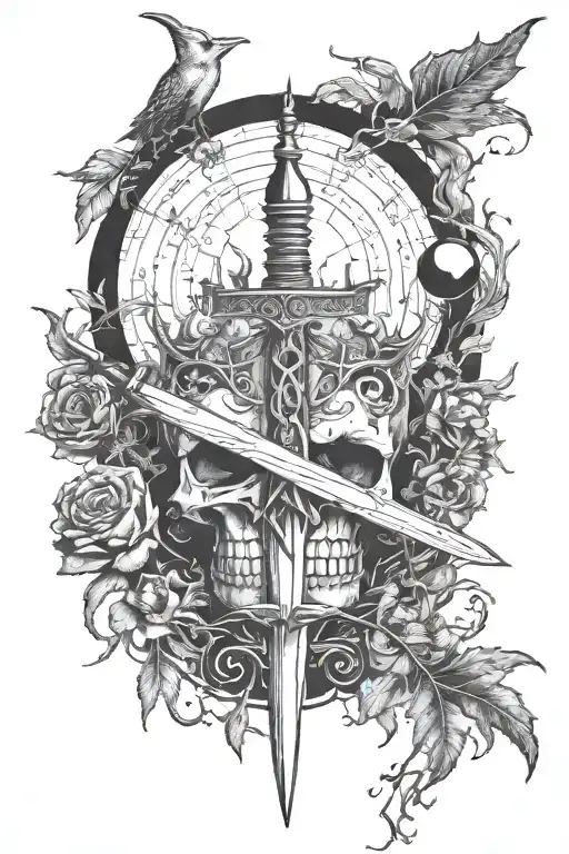 A surrealistic blackwork design incorporating elements of art and law, with a dagger pointing downwards on the spine surrounded by pentacles and roots, representing the journey between life and death with all elements and moons included tattoo design idea