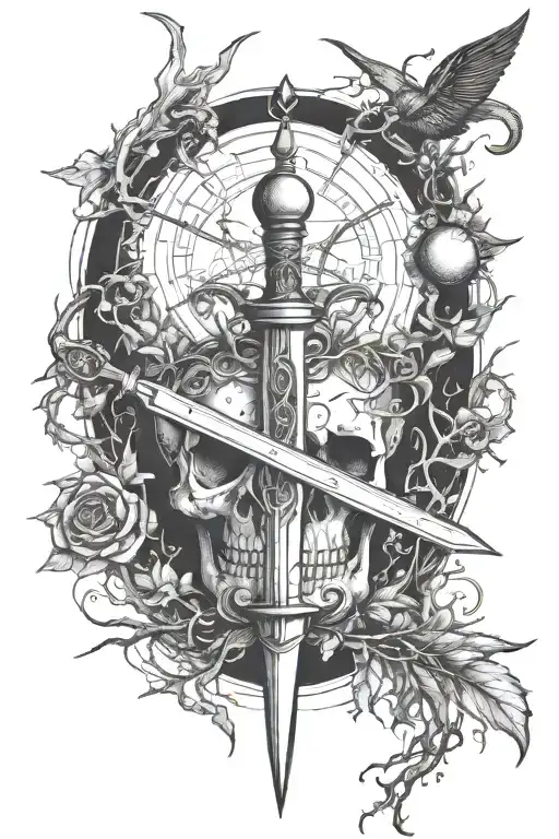 A surrealistic blackwork design incorporating elements of art and law, with a dagger pointing downwards on the spine surrounded by pentacles and roots, representing the journey between life and death with all elements and moons included tattoo design idea