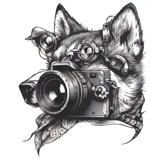 Design a tattoo of a husky wearing a camera around its neck in a anime-style fashion tattoo design idea