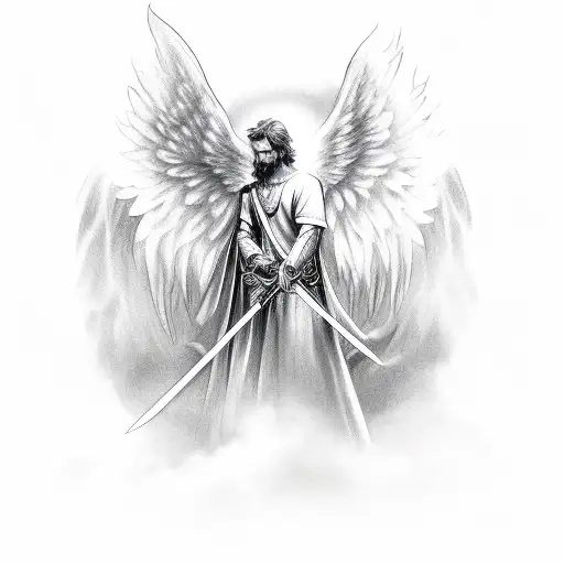 angel coming down from shoulder with clouds in background and sword drawn and demon cominh up from wrist with sword draw tattoo design idea