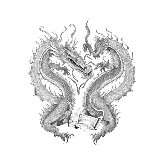 A captivating dotwork illustration of a book transforming into a dragon, symbolizing the power of imagination tattoo design idea