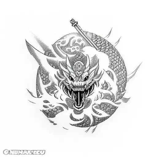 dragão atrás de ninja( akali) com efeitos de bomba de fumaça no fundo  tattoo design idea