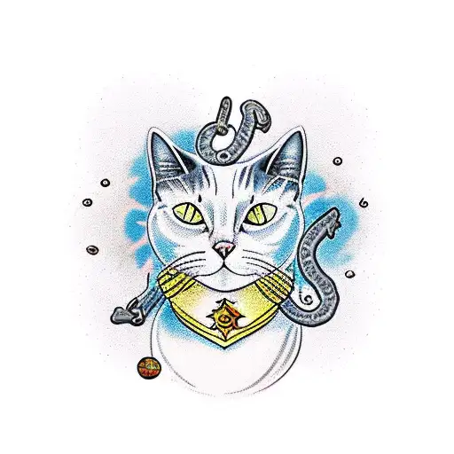 A serious cat, shrouded in magic, with mystical stones floating around him and symbols. tattoo design idea
