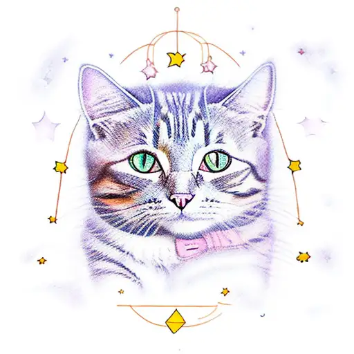 A magical cat casting spells under a starry sky tattoo design idea