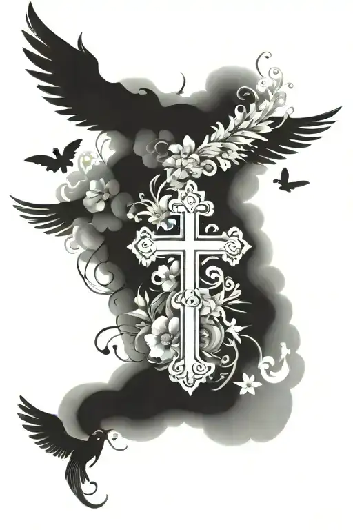 flowers, wings, clouds, cross surrounded tattoo design idea