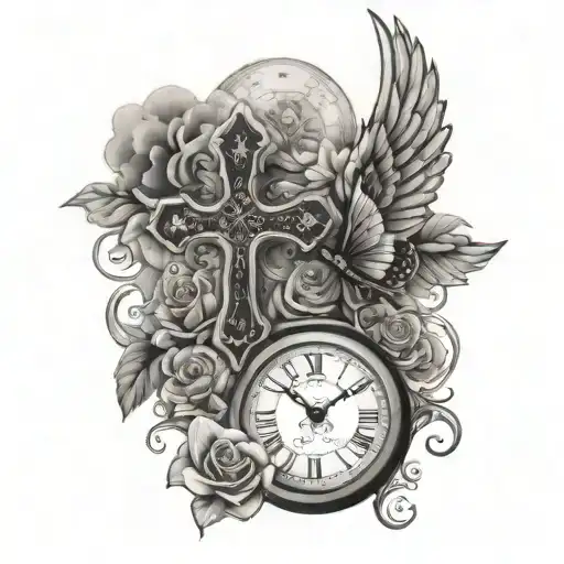 flowers, clocks, wings, clouds, cross  tattoo design idea