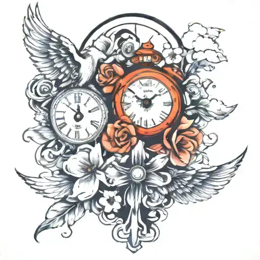 flowers, clocks, wings, clouds, cross  tattoo design idea