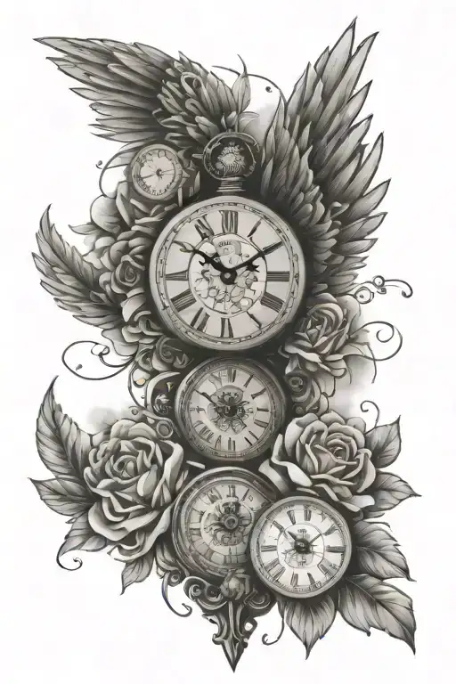 flowers, clocks, wings, clouds, cross  tattoo design idea