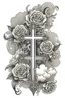flowers, clouds, cross surrounded tattoo design idea