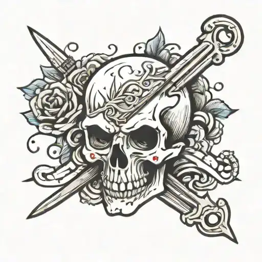 Skull with dagger piercing tattoo design idea