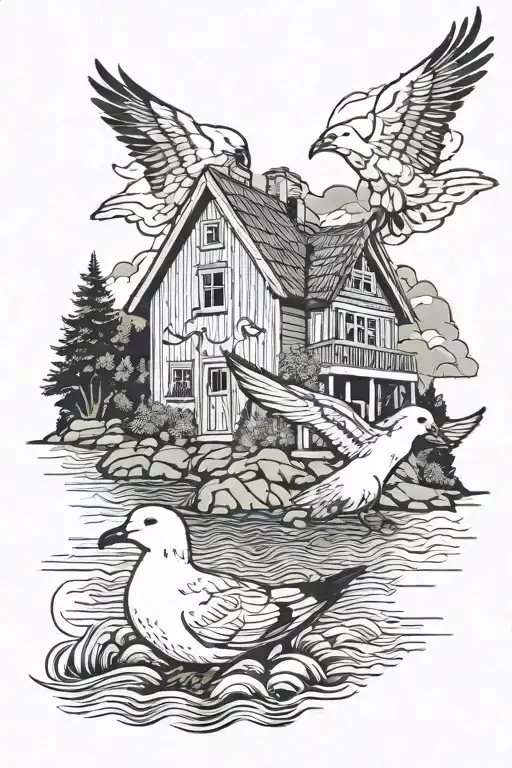 Norwegian fjord with a seagull and a alsatian house tattoo design idea