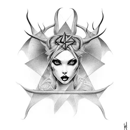 Sexy, Seductive, succubus with pentagram on head tattoo design idea