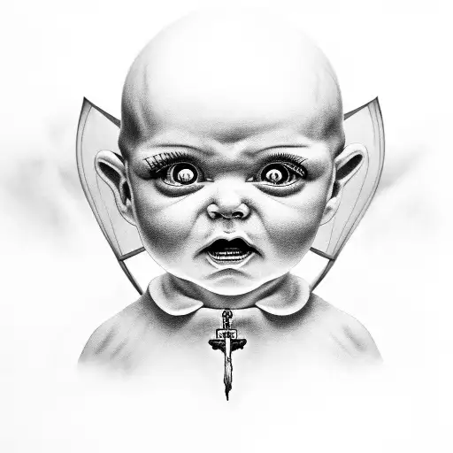 Demonic Baby with Black eyes and a rosary tattoo design idea