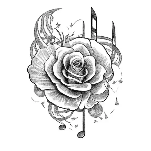 A magical music-themed tattoo incorporating a butterfly and roses tattoo design idea