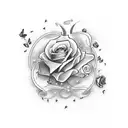 A magical music-themed tattoo incorporating a butterfly and roses tattoo design idea