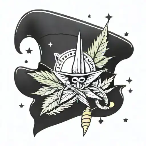 A sailor hat with a cannabis leaf and a drawing pencil crossed, surrounded by nautical stars tattoo design idea