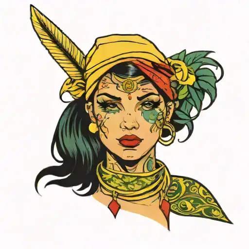 traditional woman with green eyeshadow and red cheeks and yellow bandana  tattoo design idea