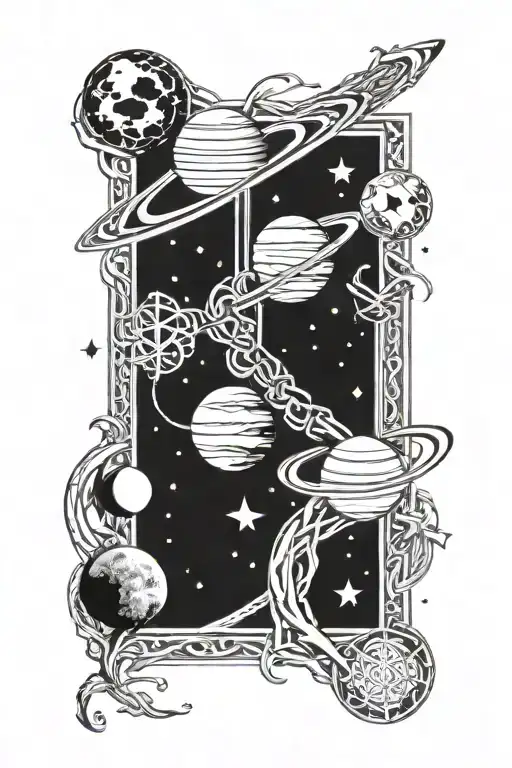 Space-themed sleeve tattoo featuring planets, stars, and galaxies intertwined with Celtic knotwork patterns, with a hidden board game motif woven throughout tattoo design idea
