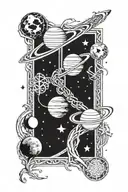 Space-themed sleeve tattoo featuring planets, stars, and galaxies intertwined with Celtic knotwork patterns, with a hidden board game motif woven throughout tattoo design idea