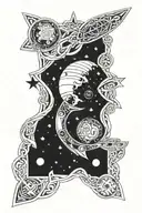 Space-themed sleeve tattoo featuring planets, stars, and galaxies intertwined with Celtic knotwork patterns, with a hidden board game motif woven throughout tattoo design idea