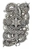 Intricate Celtic knotwork design incorporating elements of bodybuilding, space exploration, and Viking imagery, with hidden symbols representing the client's favorite board games tattoo design idea