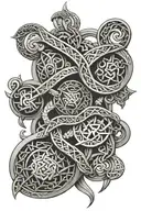 Intricate Celtic knotwork design incorporating elements of bodybuilding, space exploration, and Viking imagery, with hidden symbols representing the client's favorite board games tattoo design idea