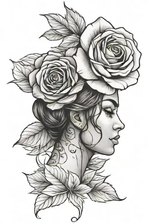 rose and woman face tattoo design idea