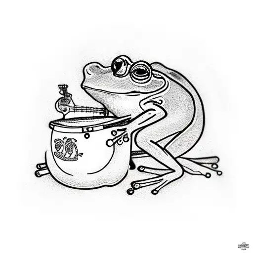 a frog sitting on a mushroom playing a banjo tattoo design idea
