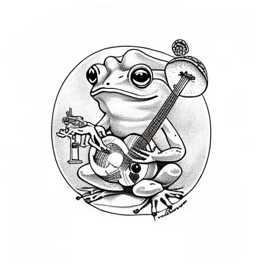 american traditional frog sitting on a mushroom playing a banjo tattoo design idea