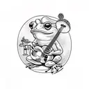 american traditional frog sitting on a mushroom playing a banjo tattoo design idea