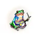 american traditional frog sitting on a mushroom playing a banjo tattoo design idea