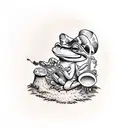 american traditional frog sitting on a mushroom playing a banjo tattoo design idea